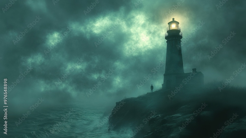 Ghostly Haunted Lighthouse on Cliff Edge with Eerie Figure in Cloudy Night Sky Ghostly Haunted Lighthouse on Cliff Edge with Eerie Figure in Cloudy Night Sky