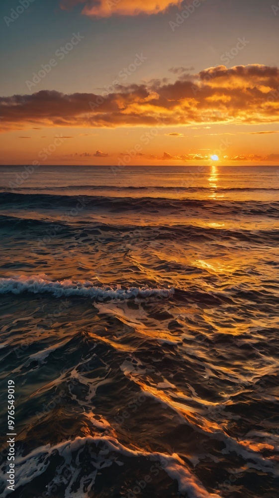 Naklejka premium Golden sunset over tranquil ocean waves reflecting warm colors in the sky near the shoreline