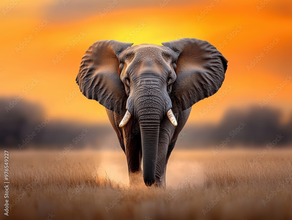 Naklejka premium A large elephant is walking through a field of tall grass. The sun is setting, casting a warm glow over the scene. The elephant's trunk is raised, and it is looking to the right