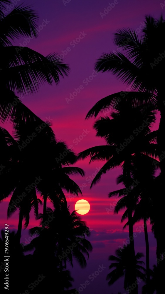 A vibrant sunset with silhouetted palm trees against a colorful sky at the beach A vibrant sunset with silhouetted palm trees against a colorful sky at the beach