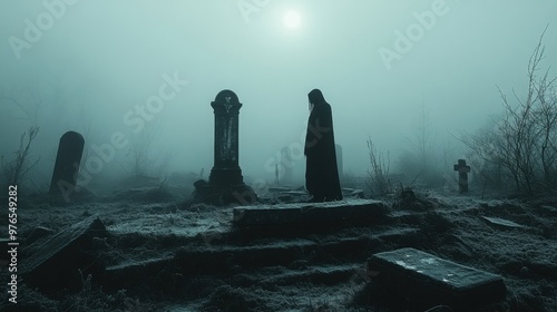 Eerie Ghostly Apparition by Broken Gravestone in Foggy Graveyard at Night with Moonlight Peeking Through Mist