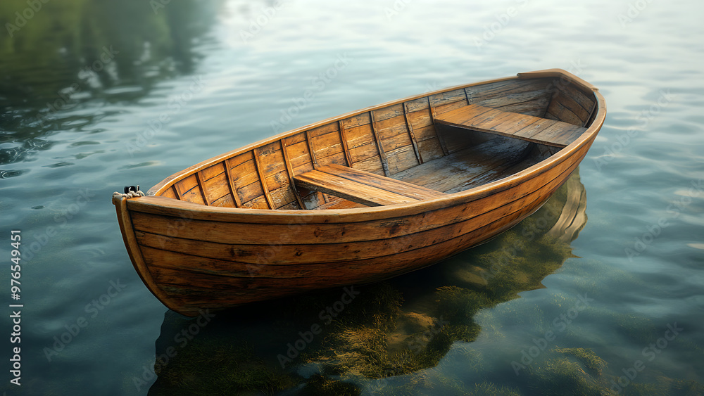 Obraz premium A wooden rowboat floats on calm water. Peaceful scene.