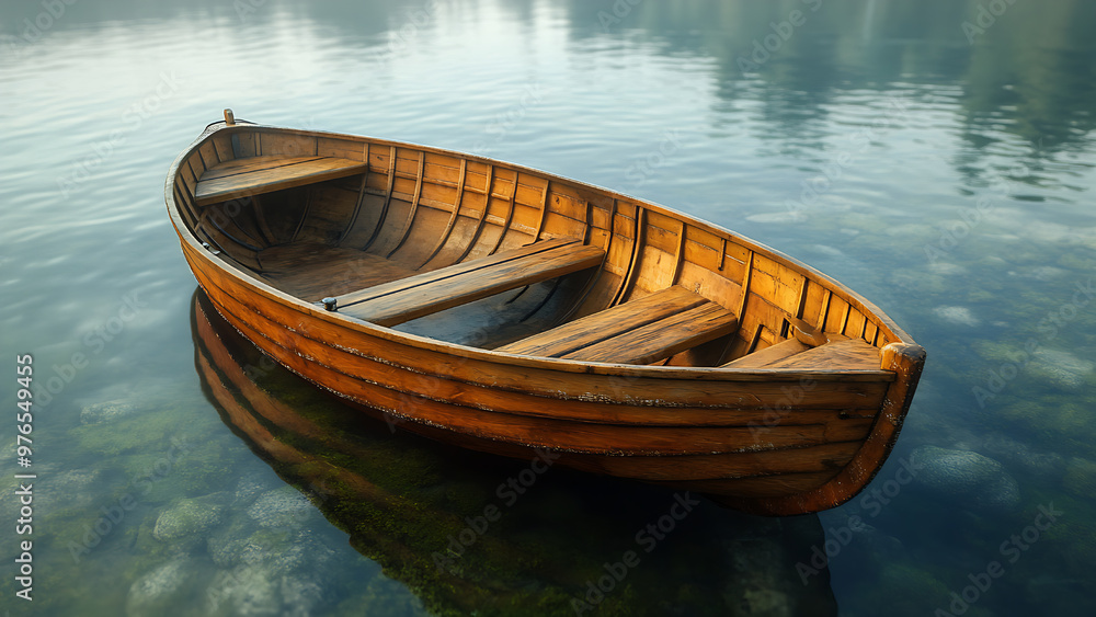 Obraz premium A wooden rowboat floats on calm water. Peaceful scene.