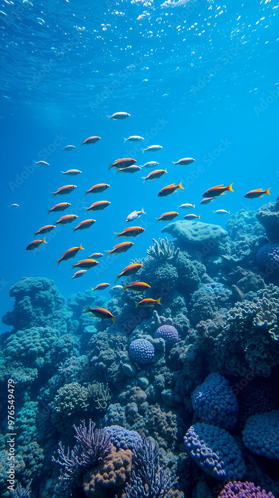 Naklejka premium Colorful fish swimming over vibrant coral reef in clear blue water during daylight hours