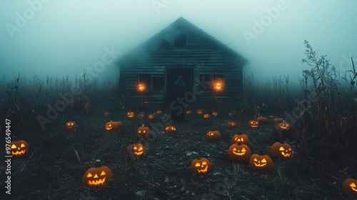 Ghostly Abandoned Cornfield Barn at Night with Jack-o-Lanterns - Eerie and Atmospheric Halloween Scene Captured with Nikon Z6 and 50mm Lens photo