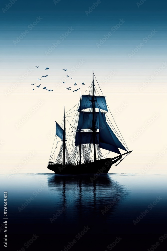 A large ship sails on the water with a flock of birds flying around it. The scene is serene and peaceful, with the ship and birds creating a sense of calmness and tranquility A large ship sails on the water with a flock of birds flying around it. The scene is serene and peaceful, with the ship and birds creating a sense of calmness and tranquility