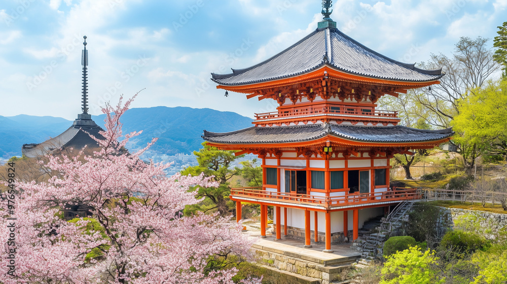 A beautiful traditional Japanese pagoda surrounded by blooming cherry blossoms under a bright blue sky in spring. A beautiful traditional Japanese pagoda surrounded by blooming cherry blossoms under a bright blue sky in spring.