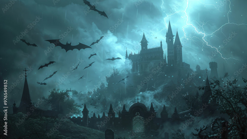Halloween background with gothic castle on hill, scary bats flying, foggy graveyard and lightning flashing in the sky