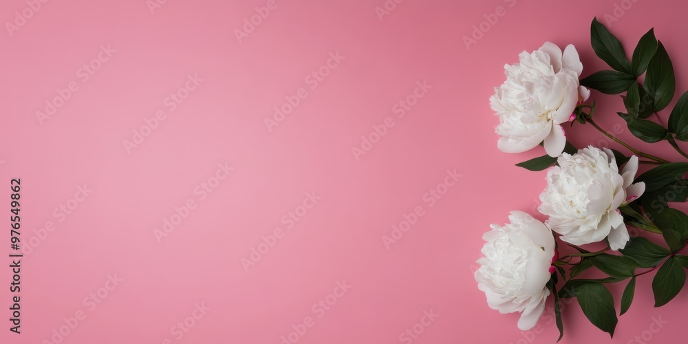 Three white peonies are meticulously arranged on a pink background, creating a visually pleasing contrast and showcasing the delicate petals and rich green leaves artistically. Three white peonies are meticulously arranged on a pink background, creating a visually pleasing contrast and showcasing the delicate petals and rich green leaves artistically.