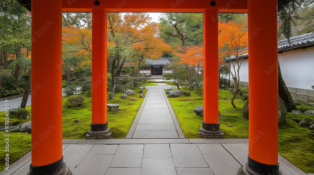 Serene Japanese garden during autumn with vibrant red torii gates and colorful foliage. Serene Japanese garden during autumn with vibrant red torii gates and colorful foliage.