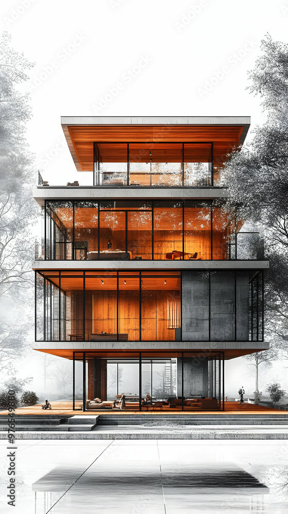 Modern Illustration of Glass House with Forest Views and Wood Accents Modern Illustration of Glass House with Forest Views and Wood Accents
