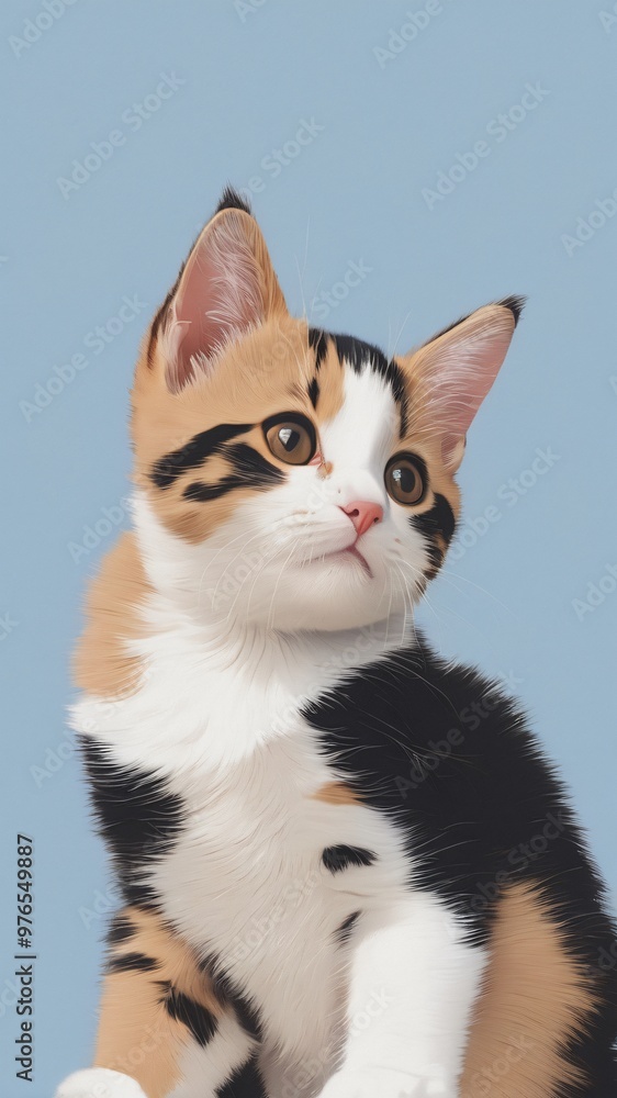A curious calico kitten poses against a light blue backdrop, showcasing its playful personality and vibrant fur patterns A curious calico kitten poses against a light blue backdrop, showcasing its playful personality and vibrant fur patterns