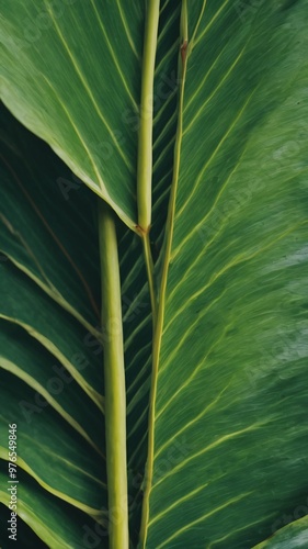 Close-up view of vibrant green tropical leaves showcasing intricate veins and textures in natural light