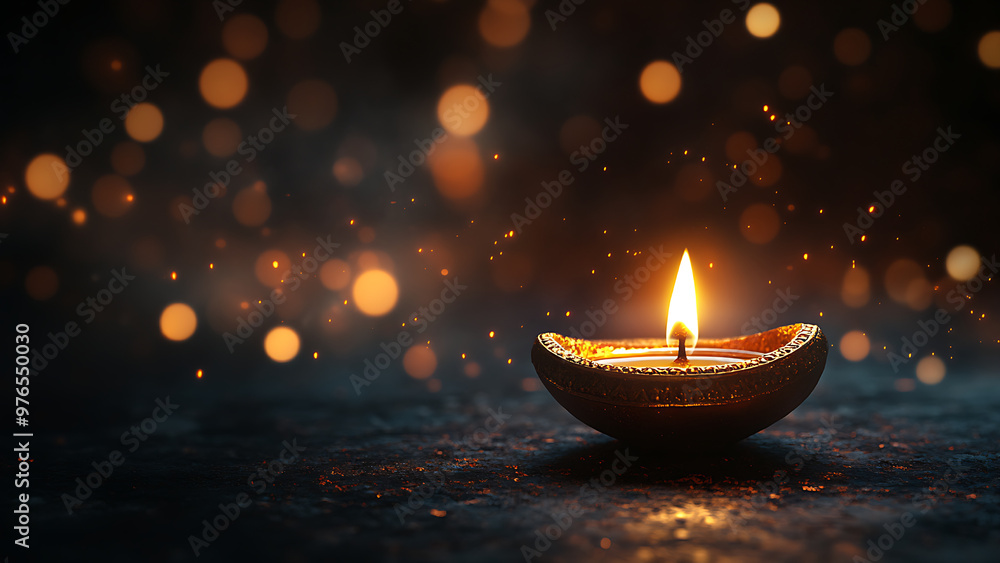 A burning oil lamp, surrounded by sparkling light, space for text. A burning oil lamp, surrounded by sparkling light, space for text.
