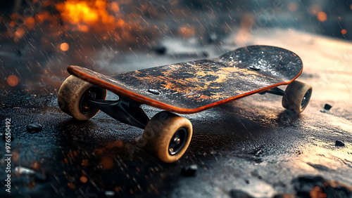 This image shows a skateboard with a worn surface, sitting on a dark, possibly wet, surface.