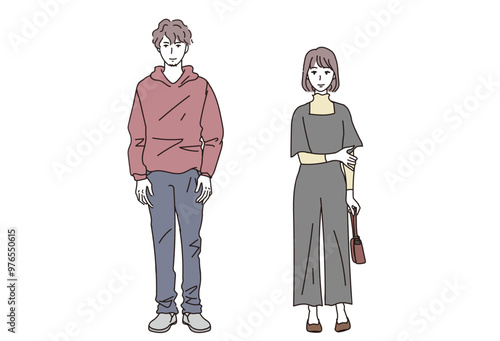 カジュアルなファッションの男性と女性のイラスト　

