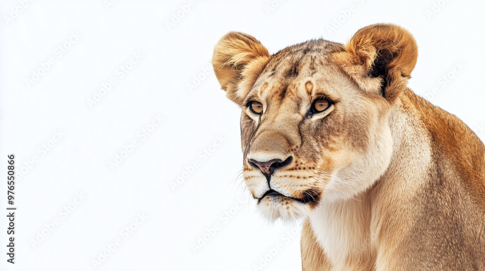 Close-up of a majestic lioness with golden fur and intense eyes, set against a pristine, white background. Close-up of a majestic lioness with golden fur and intense eyes, set against a pristine, white background.