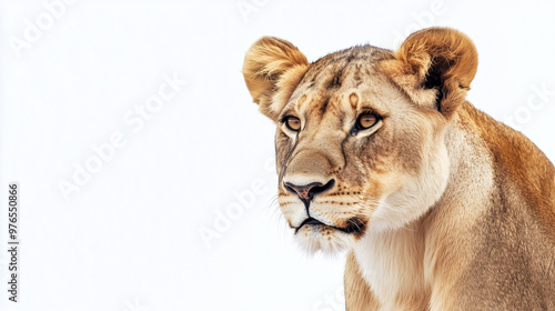 Close-up of a majestic lioness with golden fur and intense eyes, set against a pristine, white background.