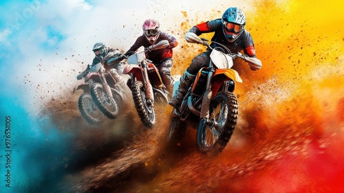 A man on a dirt bike is racing with two other men on dirt bikes. The image is colorful and dynamic, with the dirt bikes and riders moving quickly through the dirt. Scene is energetic and exciting