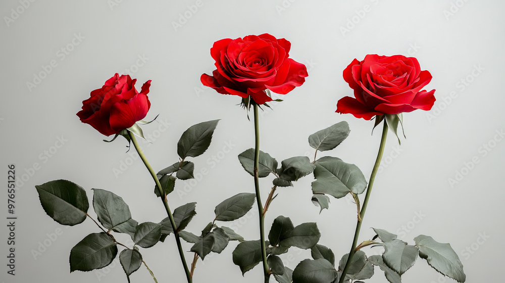Three vibrant red roses with green leaves stand out against a white background Three vibrant red roses with green leaves stand out against a white background