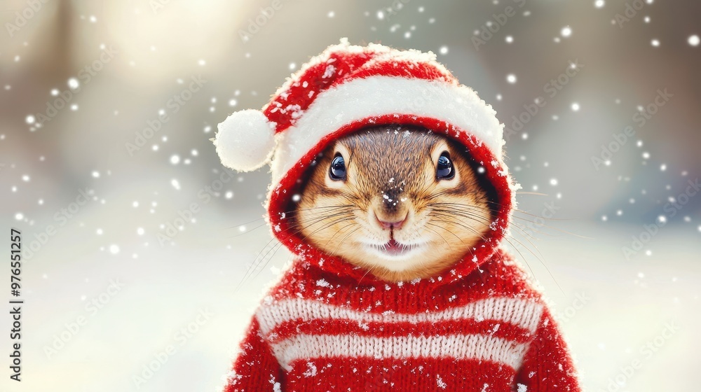 Cute Squirrel Wearing Red Christmas Hat and Sweater in the Snow Cute Squirrel Wearing Red Christmas Hat and Sweater in the Snow