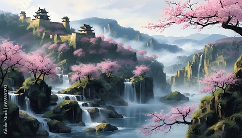 Misty mountain forest adorned with cherry blossoms, featuring Japanese castles, flowing rivers, cascading waterfalls, and stunning landscape paintings photo