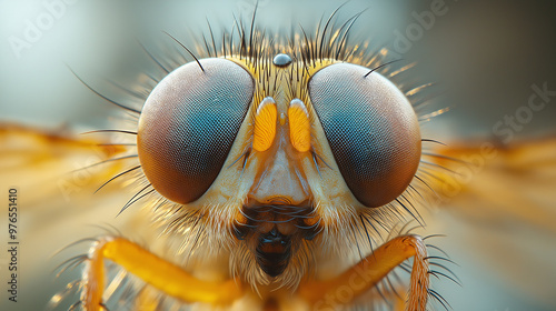 Fruit fly, from below, close-up view, Hyper-realistic, early morning light 