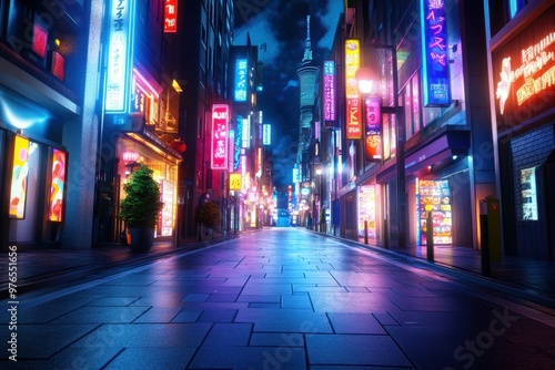 A neon city street with many signs and lights