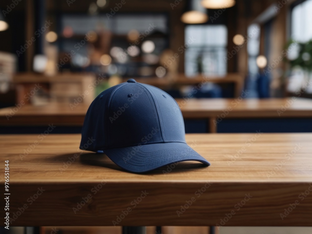 Blue navy baseball cap on a wooden table against a blurred store background. Baseball cap mockup Blue navy baseball cap on a wooden table against a blurred store background. Baseball cap mockup