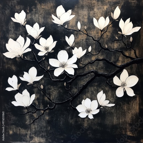A painting of a branch with white flowers on it
