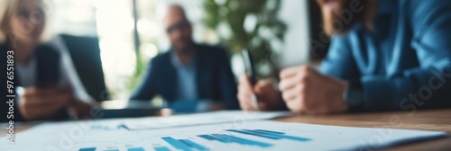 A business meeting scene with people discussing and analyzing charts and graphs laid out on a wooden table, highlighting teamwork and strategic planning in a professional environment.