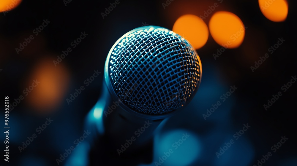 Closeup of a microphone with bokeh lights in the background. Closeup of a microphone with bokeh lights in the background.