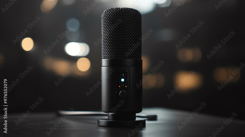 Close-up of a black condenser microphone on a table. Close-up of a black condenser microphone on a table.