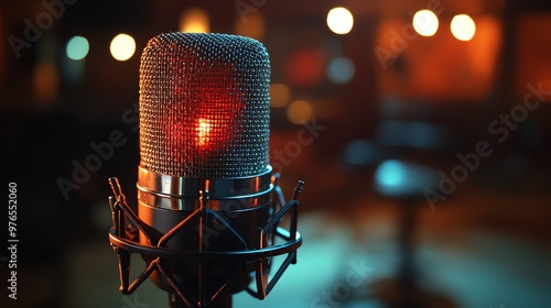 Close-up of a professional condenser microphone in a recording studio setting. photo