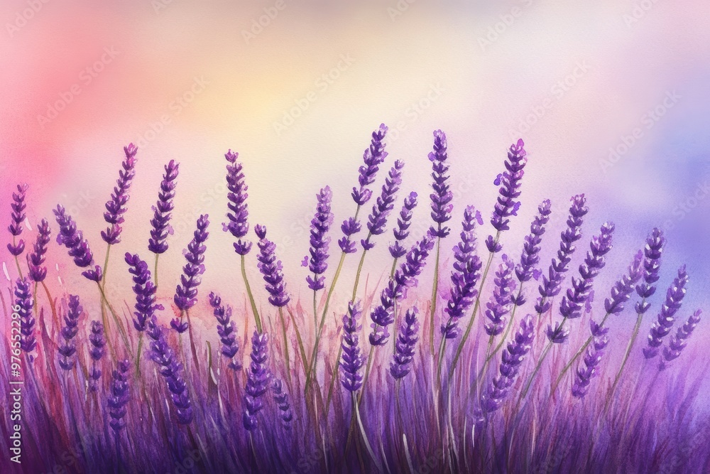 Naklejka premium A painting of a field of lavender flowers with a pink and blue background. The mood of the painting is serene and peaceful