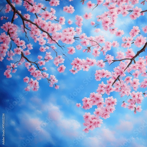 A painting of a cherry blossom tree with pink flowers and a blue sky. The mood of the painting is serene and peaceful, as the cherry blossoms are a symbol of the fleeting nature of life