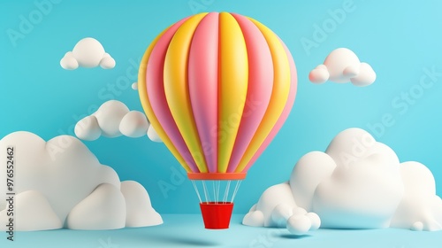 A cartoon hot air balloon with pink and yellow stripes floats against a blue sky with white clouds. photo