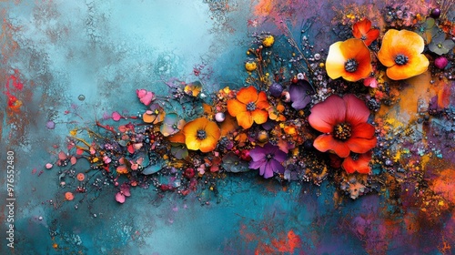 A painting of a flower bouquet with a blue background. The flowers are in various colors and sizes, and the painting has a vibrant and lively feel to it