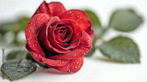 Close-up of a red rose with dewdrops on its wet petals, accompanied by green leaves, depicting fresh natural beauty