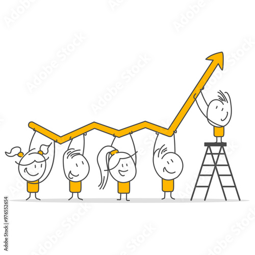 Businessman and employee team help rising arrow graph grow.