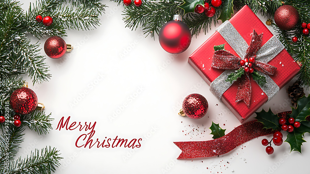 A Christmas scene with a red gift box, ornaments, holly, and the words A Christmas scene with a red gift box, ornaments, holly, and the words