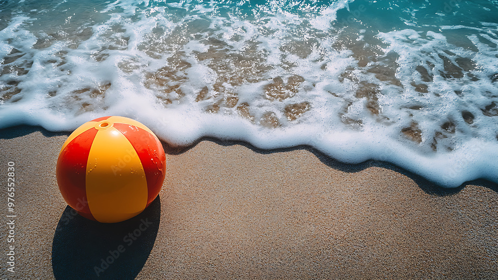 Obraz premium A beach ball on a sandy beach with waves.