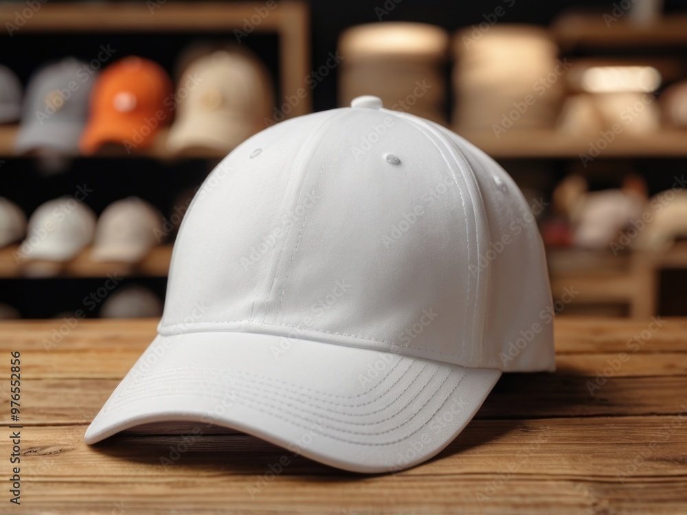 White baseball cap on a wooden table against a blurred store background. Baseball cap mockup White baseball cap on a wooden table against a blurred store background. Baseball cap mockup