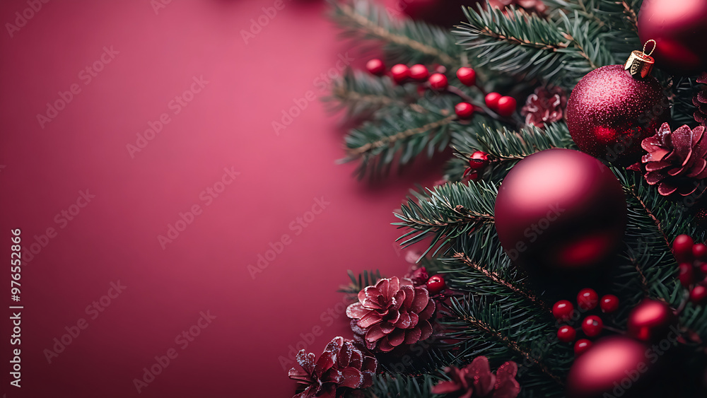 This image shows Christmas tree branches with red ornaments and berries on a burgundy background,space for text. This image shows Christmas tree branches with red ornaments and berries on a burgundy background,space for text.
