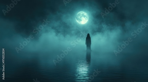 Eerie Ghostly Figure Hovering Above Dark Lake Under Full Moonlight
