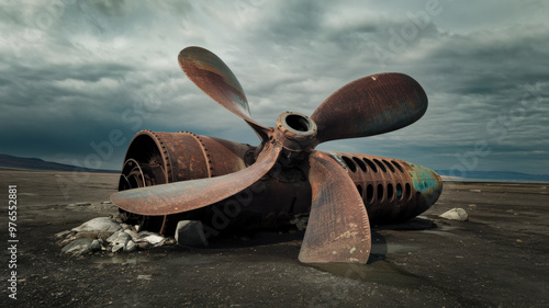 A photo of a large, rusty propeller in a remote location. The propeller is partially buried in the ground. The background is vast and empty, with a few rocks scattered around. The sky is overcast