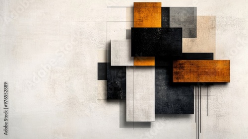 A painting of a wall with a large black square in the middle. The wall is white and the black square is surrounded by other squares of different colors. The painting has a modern