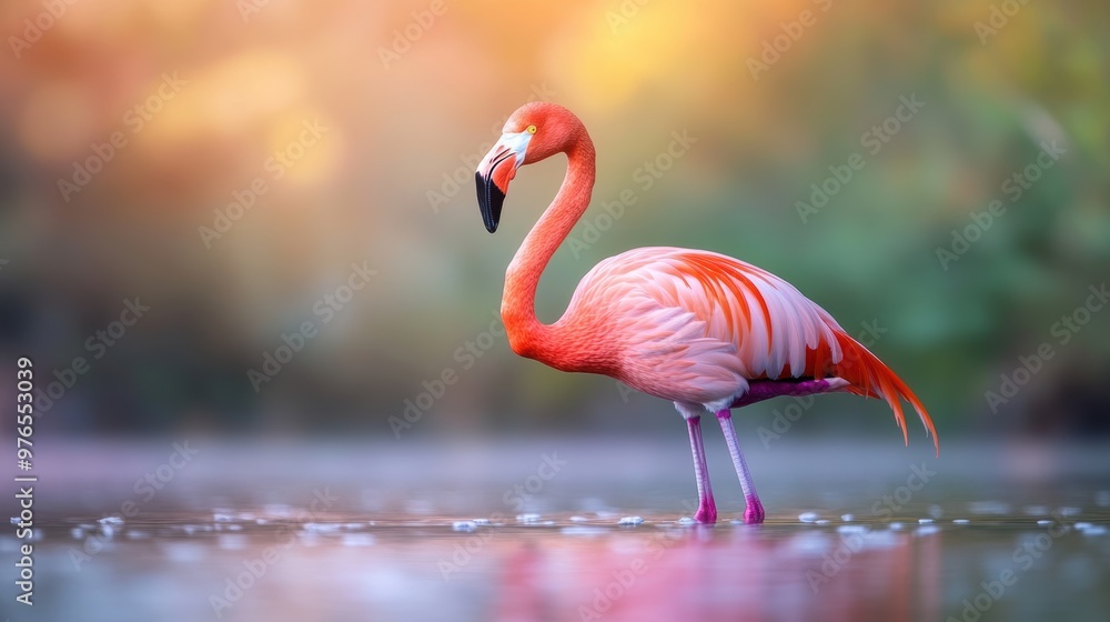 Fototapeta premium A pink flamingo stands in a body of water. The flamingo is the main focus of the image, and it is in a natural setting. The water is calm, and the flamingo's reflection can be seen in the water