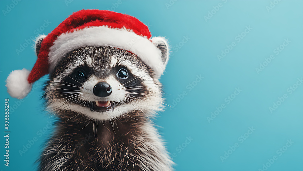 A raccoon wearing a Santa hat with a smiling face, blue background, space for text. A raccoon wearing a Santa hat with a smiling face, blue background, space for text.