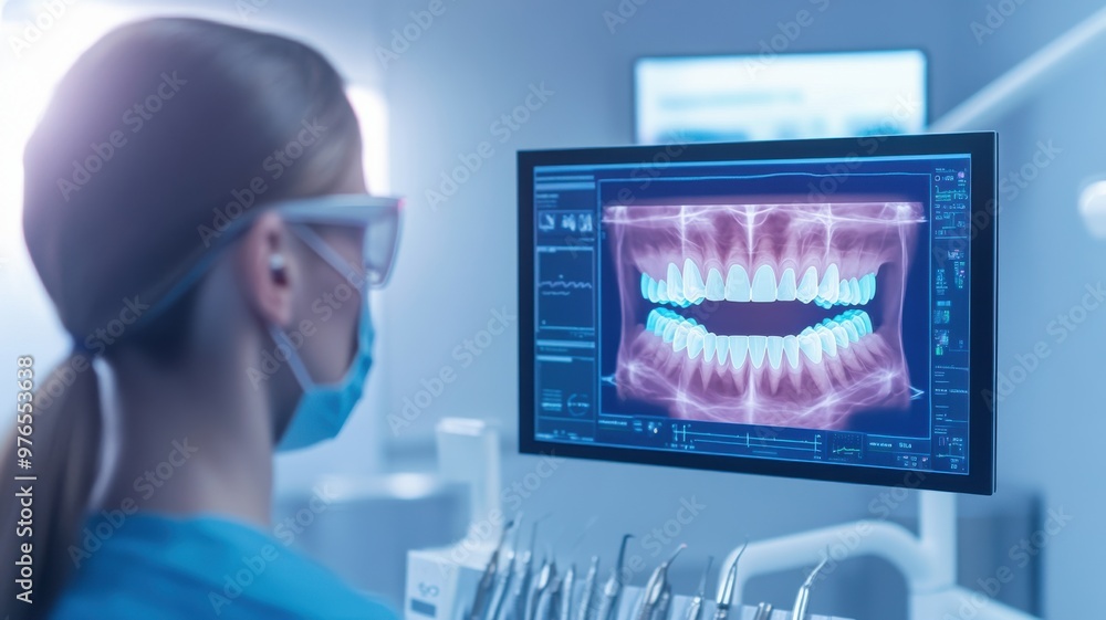 Dental professional analyzing X-ray images on a monitor in a modern clinic, highlighting oral health and advanced technology. Dental professional analyzing X-ray images on a monitor in a modern clinic, highlighting oral health and advanced technology.